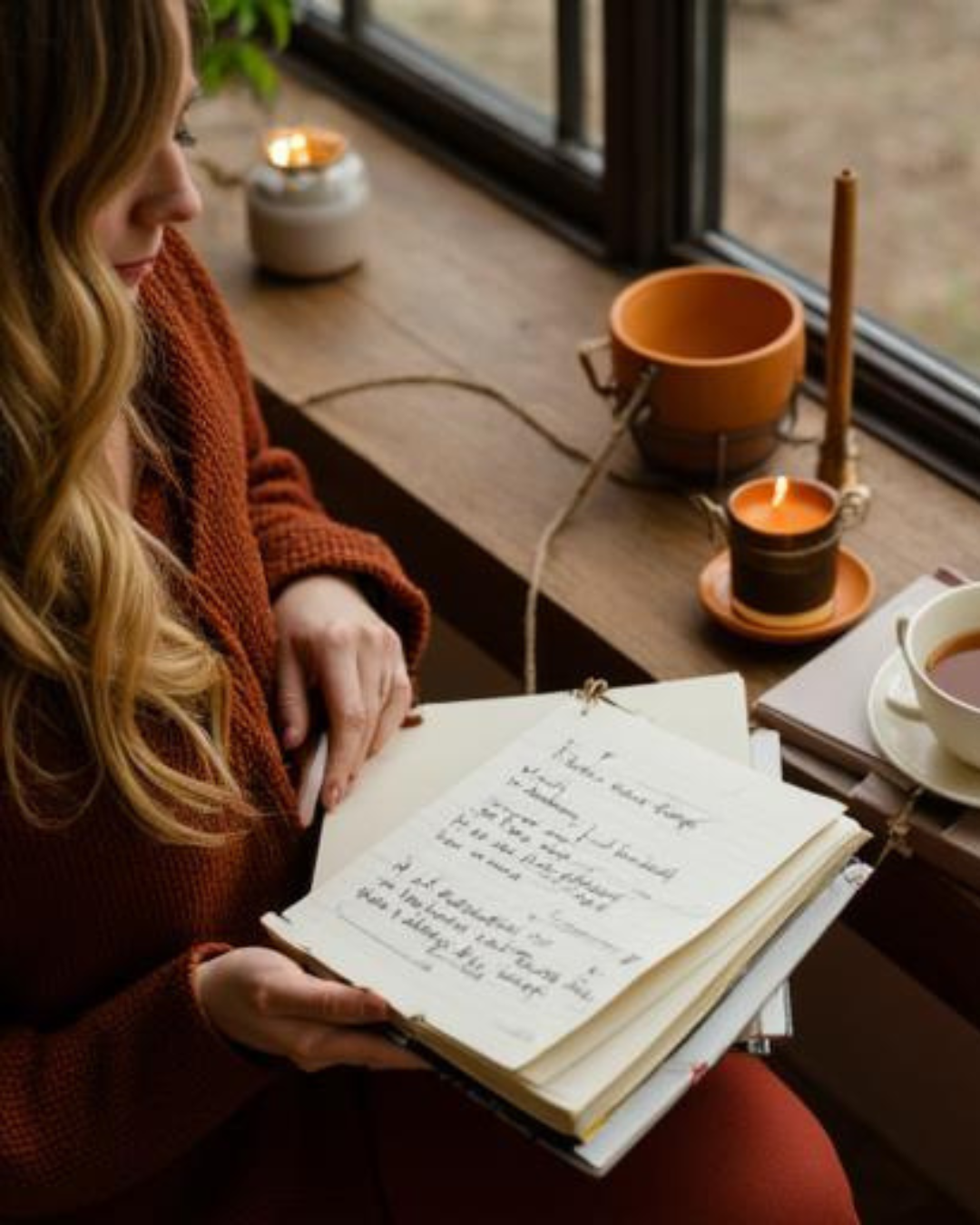 A woman journaling beside tea and candle while setting intentions for the new year.