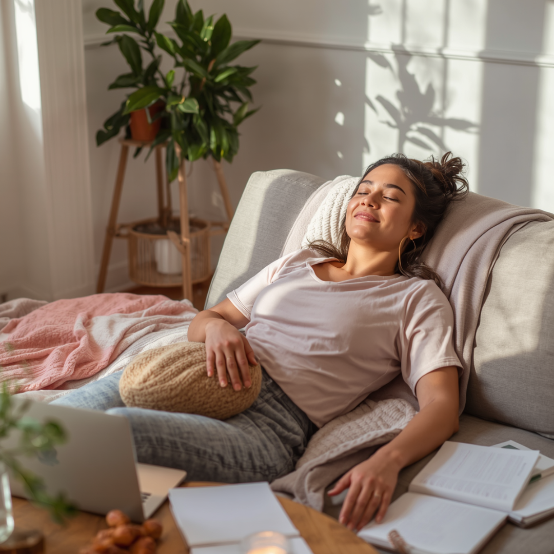 A woman resting at home for a virtual Reiki session with a laptop, blanket, water, and journal nearby.
