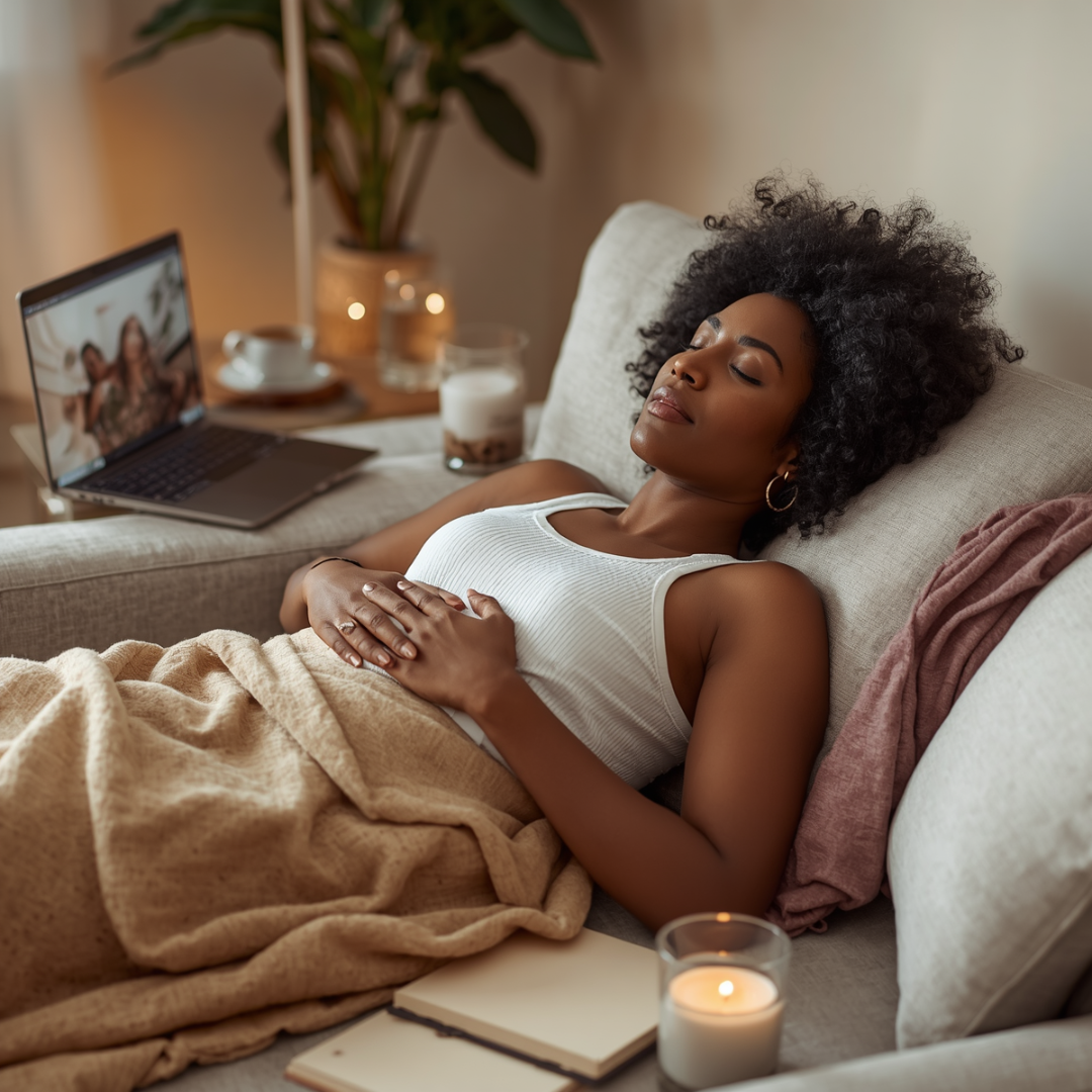 Black woman resting during a virtual Reiki session with a laptop, candle, journal, and water nearby.