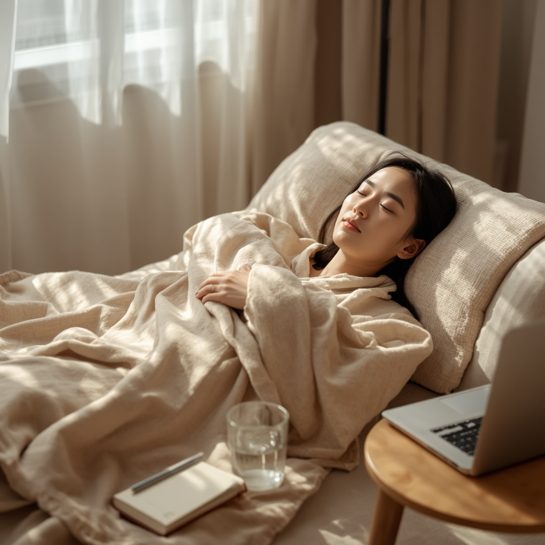 Woman resting after a virtual Reiki session with a blanket, laptop, journal, and water nearby.