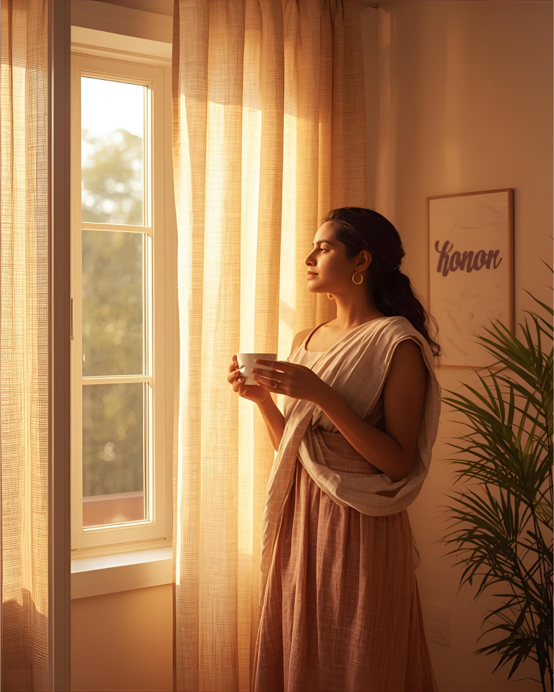 A woman peacefully reflecting by a window, embodying calm after setting healthy boundaries.
