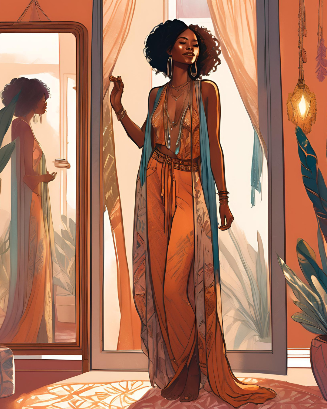 Woman of color expressing joy while trying on a flowy, bohemian outfit in a cozy, self-expressive space.