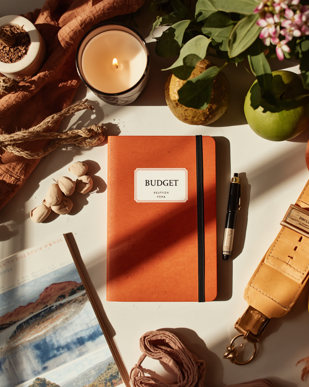 Budget notebook, produce, art supplies, and wellness items representing values-based spending.