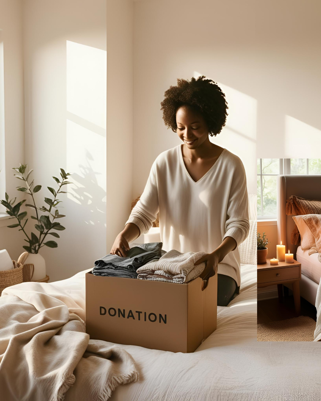 A woman decluttering her cozy bedroom, folding clothes into a donation box in a bright, peaceful space.