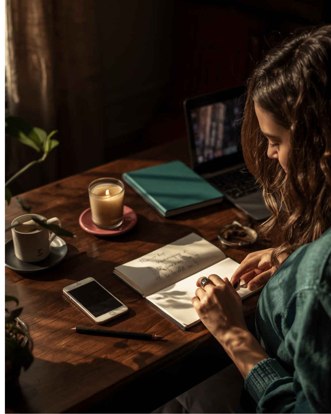 A woman journaling beside a face-down phone, symbolizing intentional social media boundaries.