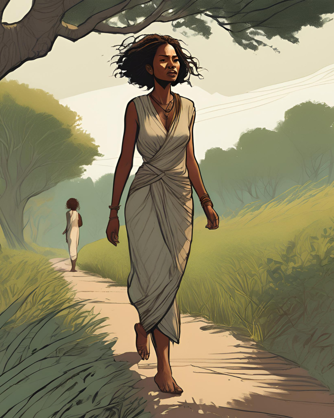 A woman walking barefoot through a grassy path, surrounded by trees and small wildlife, symbolizing connection with nature.