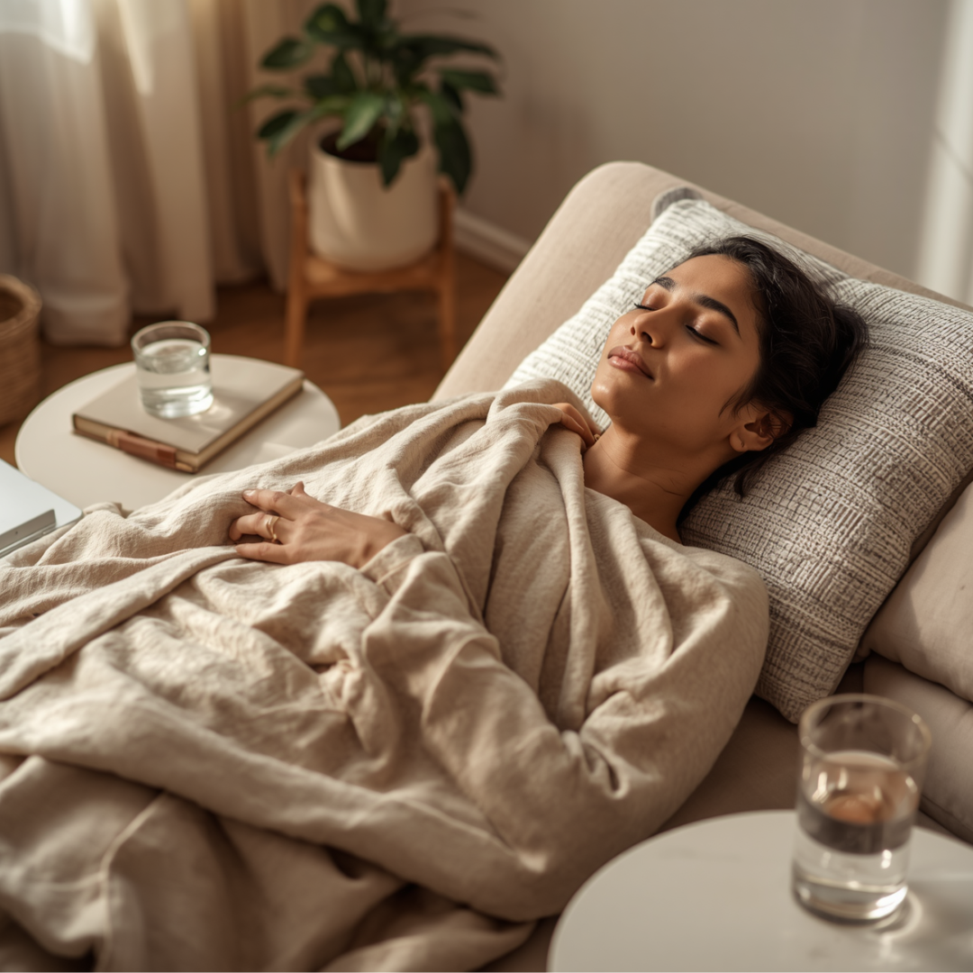 Woman resting during a virtual Reiki session with a laptop, blanket, water, and journal nearby.