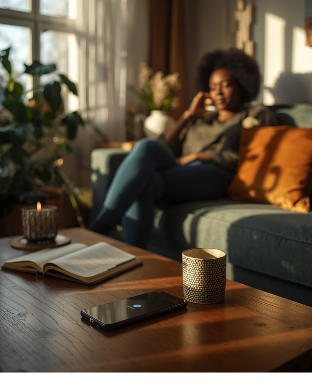 A woman journaling in a peaceful room with her phone face down on Do Not Disturb.