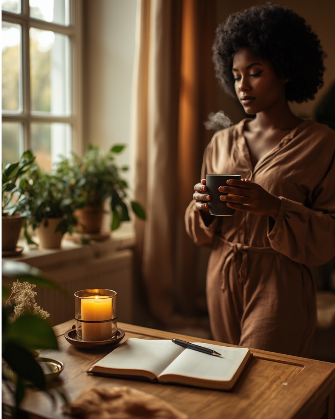 A woman holding a warm mug beside plants and an open journal in a calm gratitude practice.