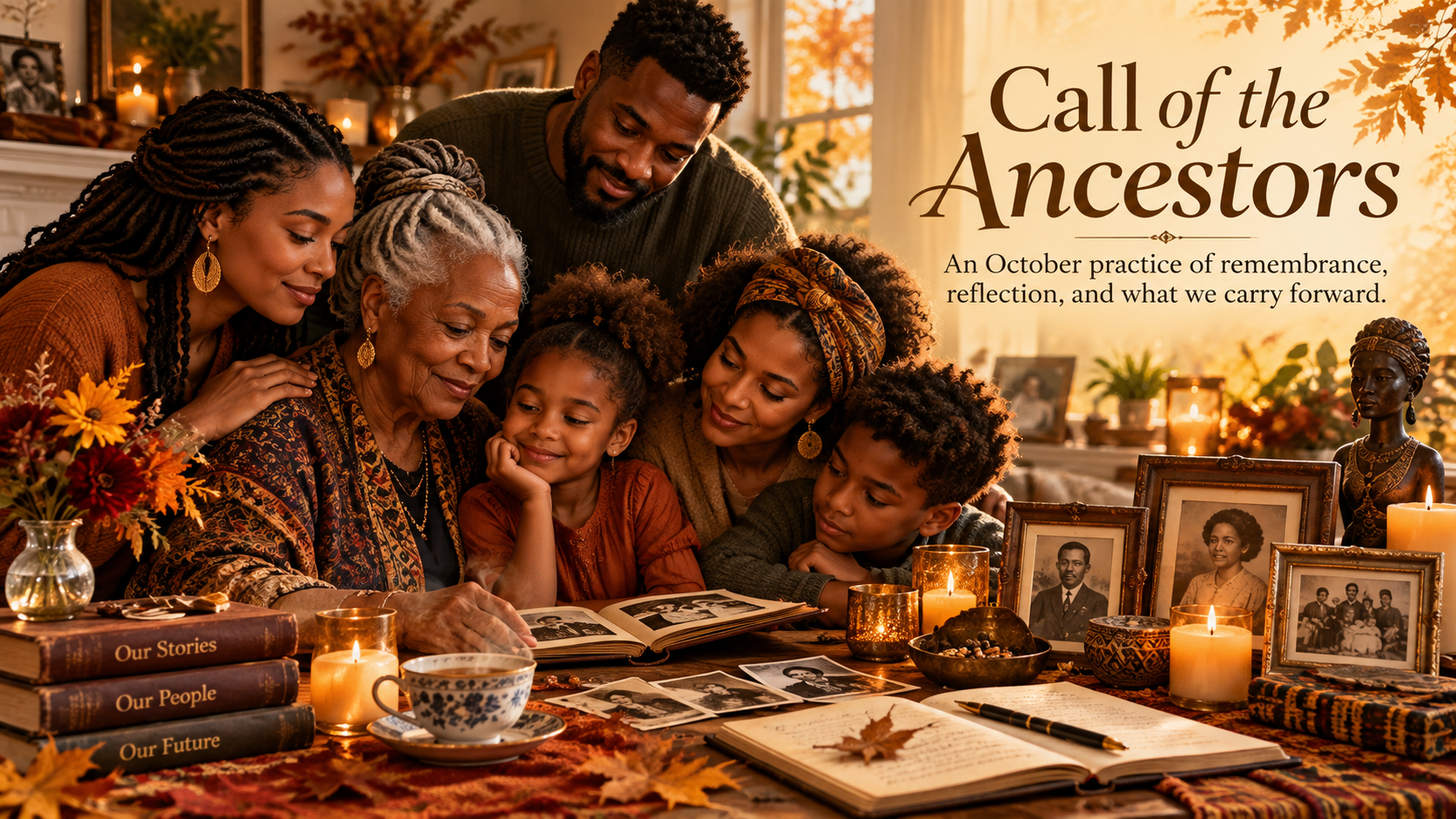 Multigenerational Black family gathers around photos, candles, books, and tea for Call of the Ancestors.