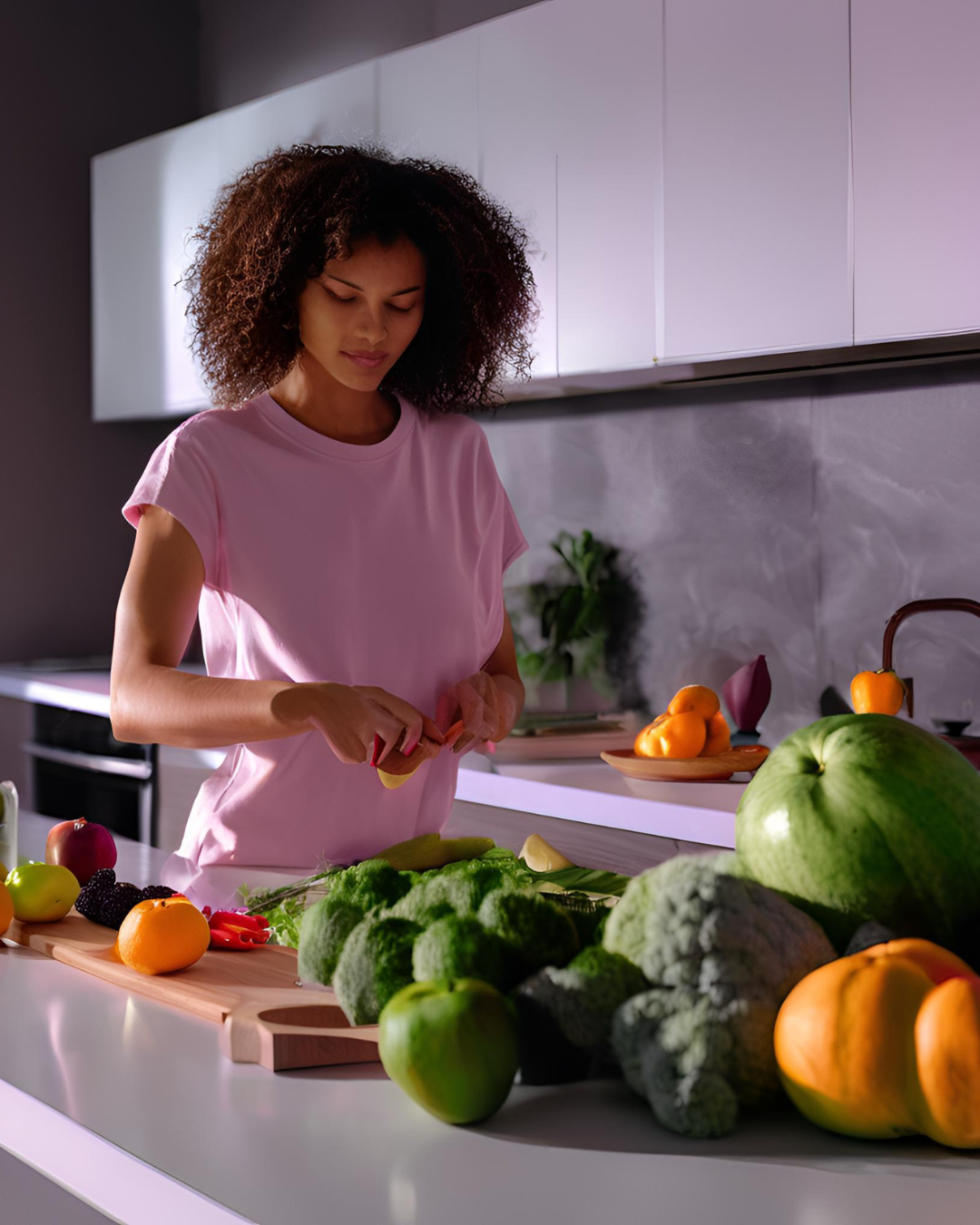 A person preparing a healthy meal with fresh, whole foods, emphasizing the reduction of processed foods for intentional consumption.