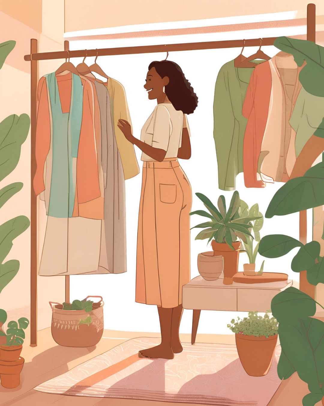 A woman of color choosing clothes from a versatile, intentionally styled wardrobe in a softly lit room.