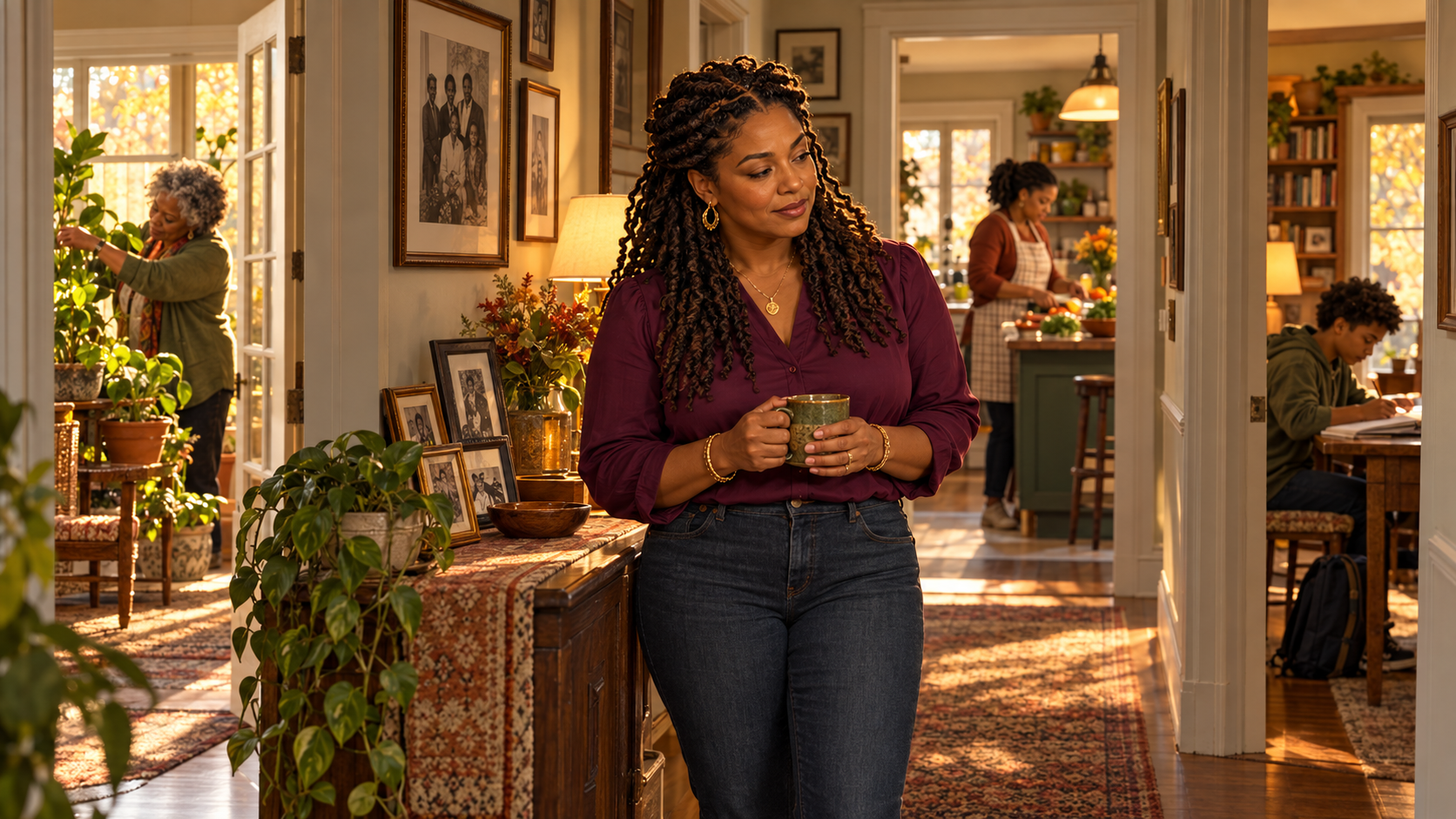 A Black woman reflects while three generations of family members tend a home, prepare food, and study nearby.