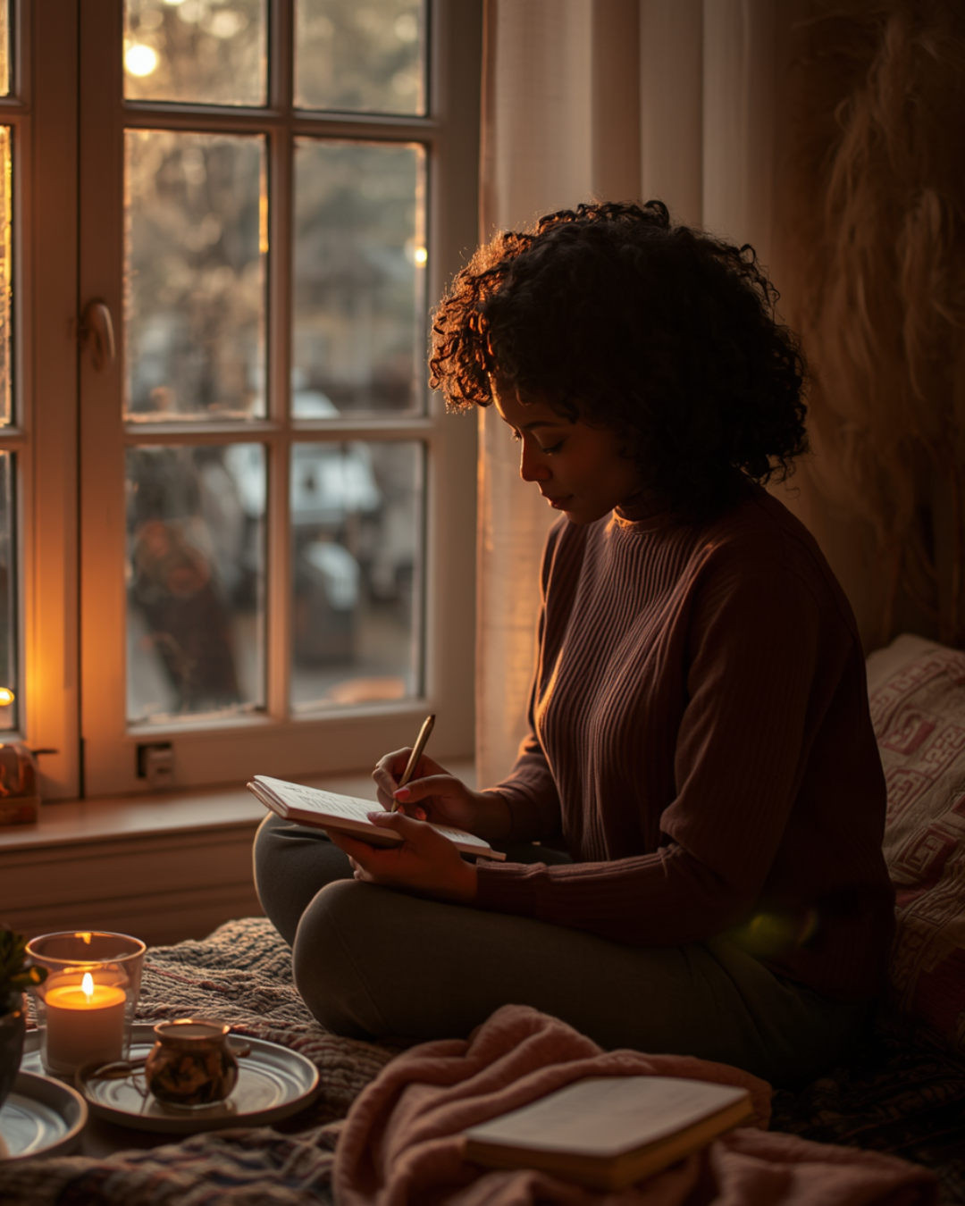 A woman journaling by candlelight with tea and plants during a peaceful year-end reflection.