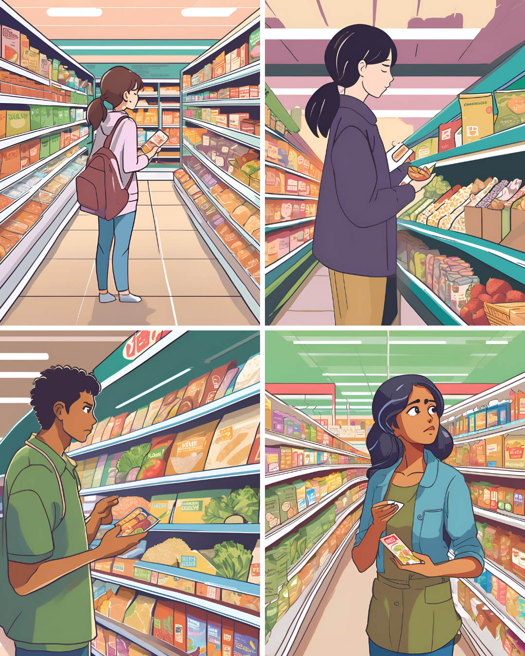 A person reading a food label in a grocery store, practicing intentional consumption and mindful food choices.