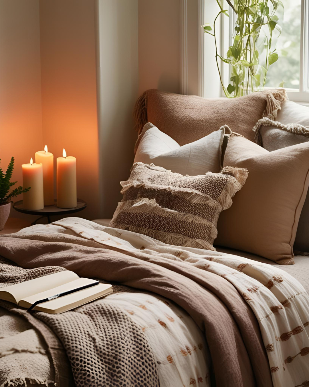 A cozy bedroom with soft light, candles, plants, and layered bedding creating a peaceful sanctuary.