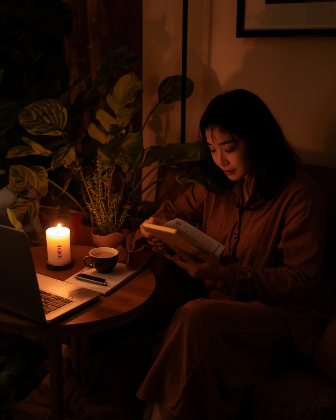 A woman relaxing with phone face down, candle, tea, and journal during an intentional screen break.
