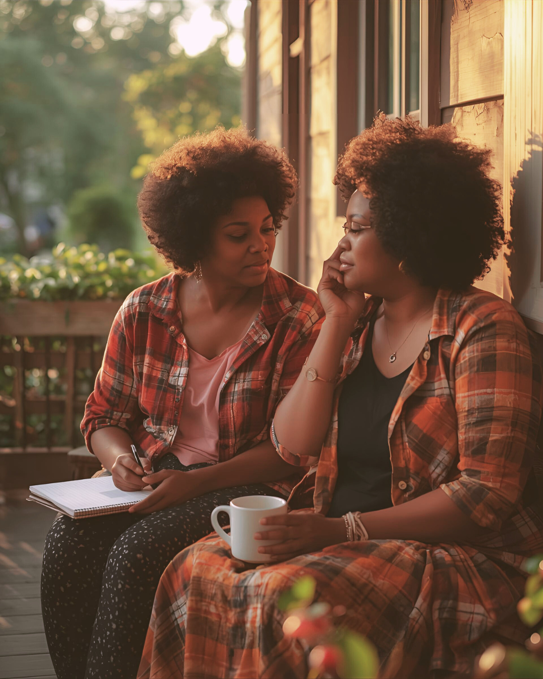 Two women share a heartfelt conversation on a peaceful porch surrounded by greenery.